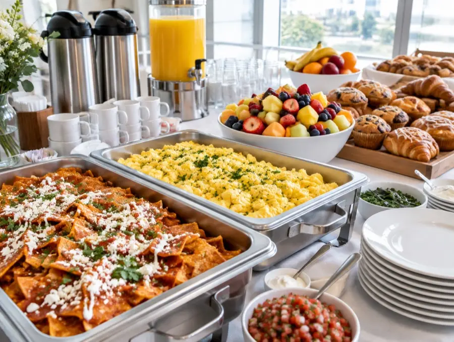 Chilaquiles, eggs, fruit, pastries, coffee and juice on a breakfast table