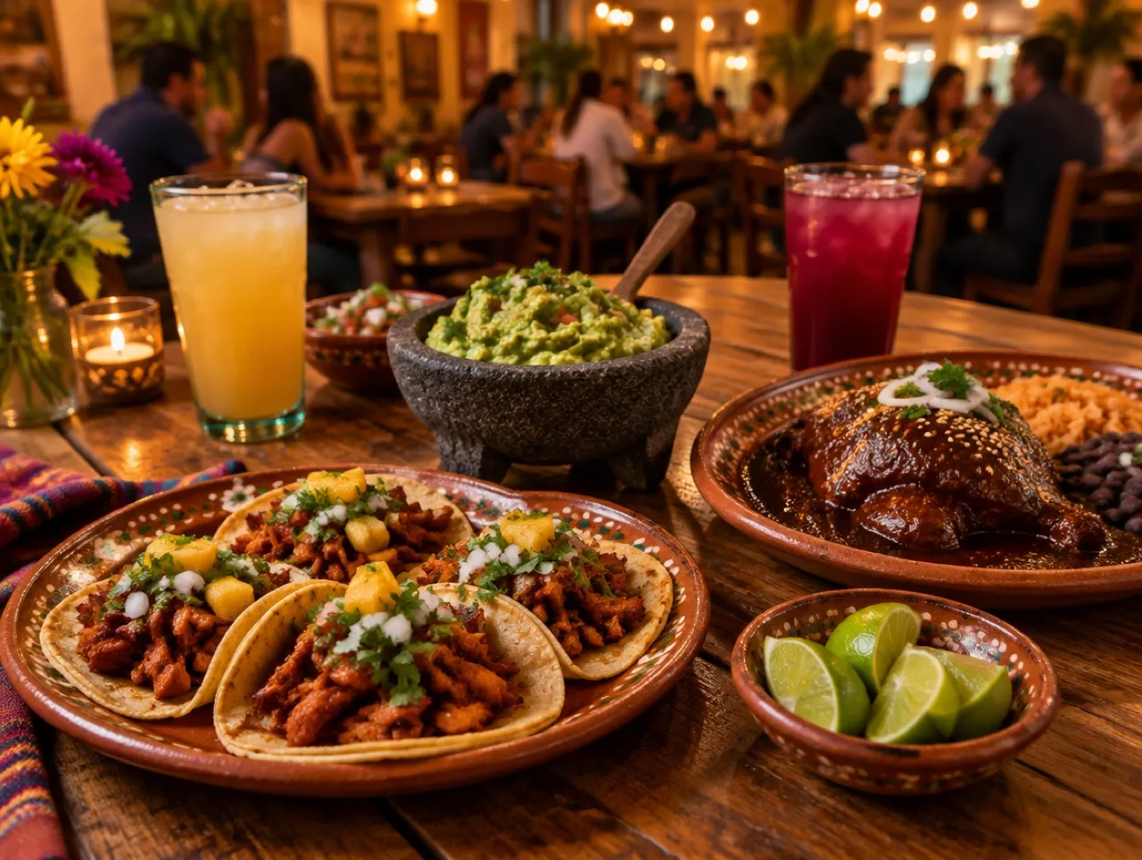 A neighborhood restaurant table: tacos al pastor, guacamole, mole and aguas frescas, with the lit dining room behind