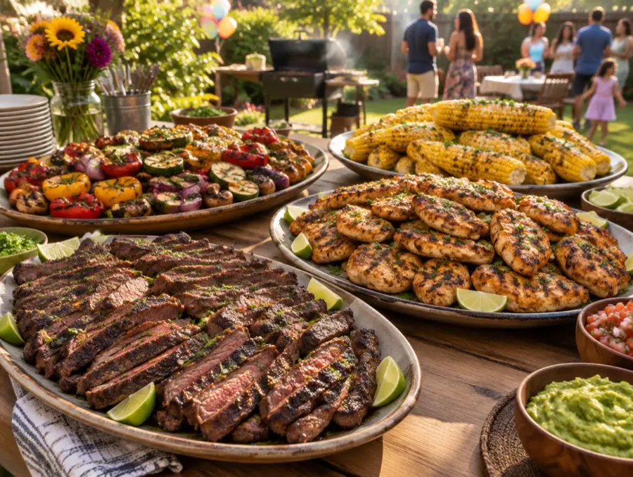 Carne asada, chicken, corn and grilled vegetables on wooden platters outdoors