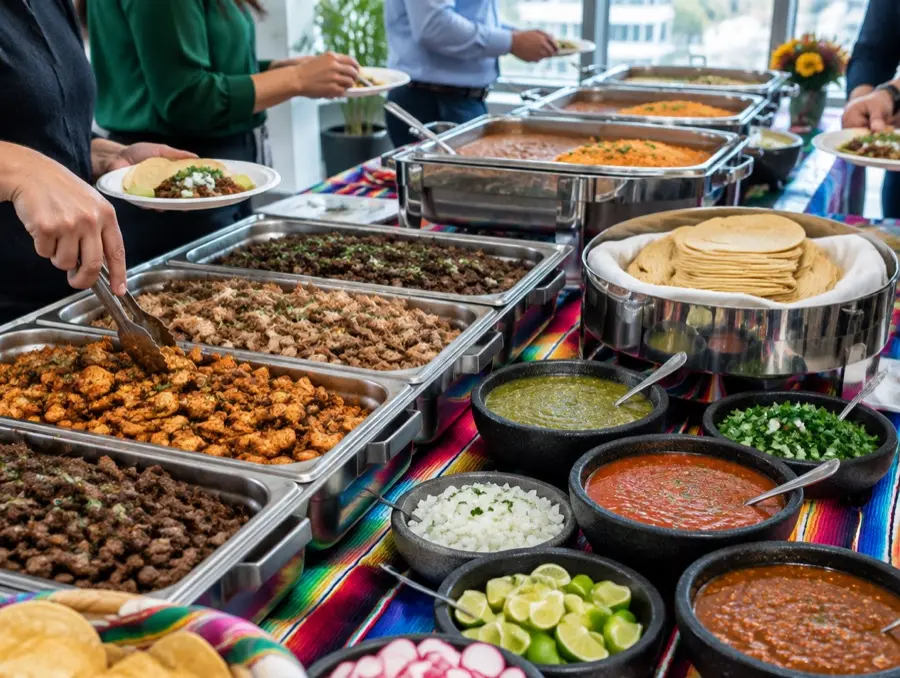 A taco bar on a long table: fillings in trays, tortillas, salsas and limes