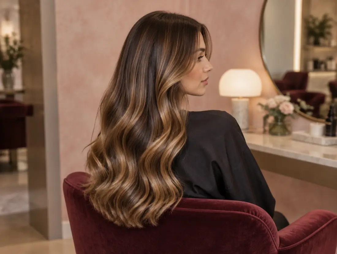 A client in a burgundy velvet chair with long wavy balayage hair, in a salon with blush pink walls
