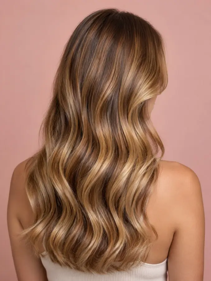 Long wavy hair in a honey balayage, seen from behind