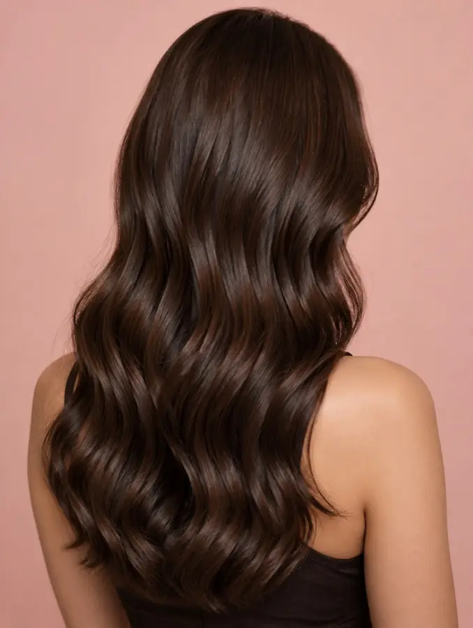 Long wavy hair in a deep chocolate brunette, seen from behind