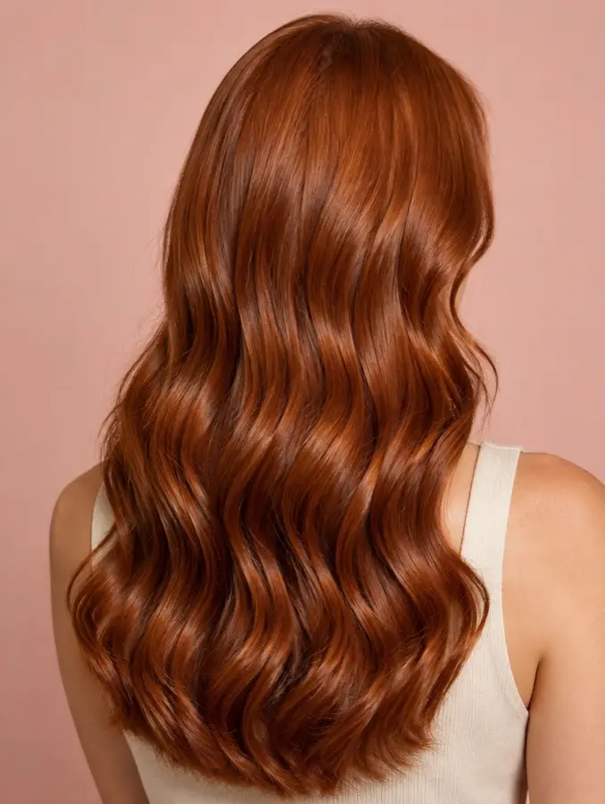 Long wavy hair in a rich copper red, seen from behind