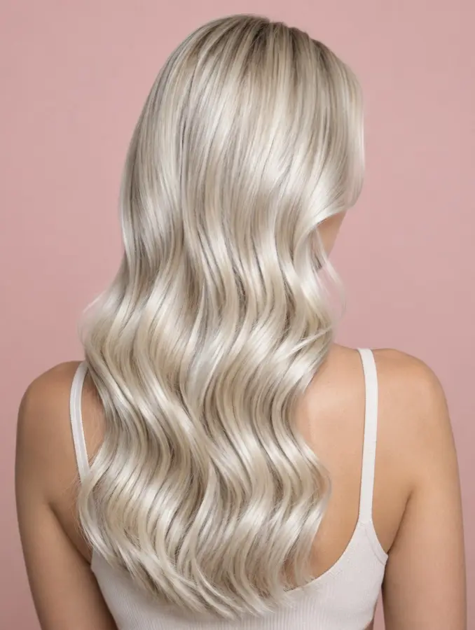 Long wavy hair in a cool platinum blonde, seen from behind