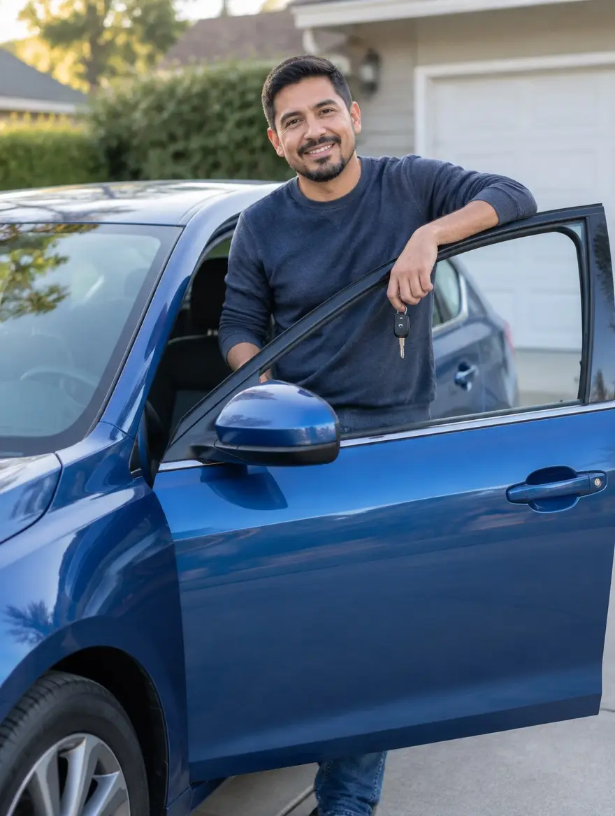 A man smiles beside the open door of his blue car in his driveway