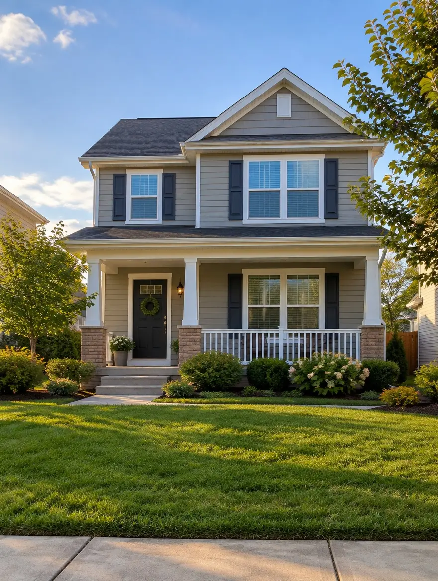 A two-story family home with a porch and a green front lawn