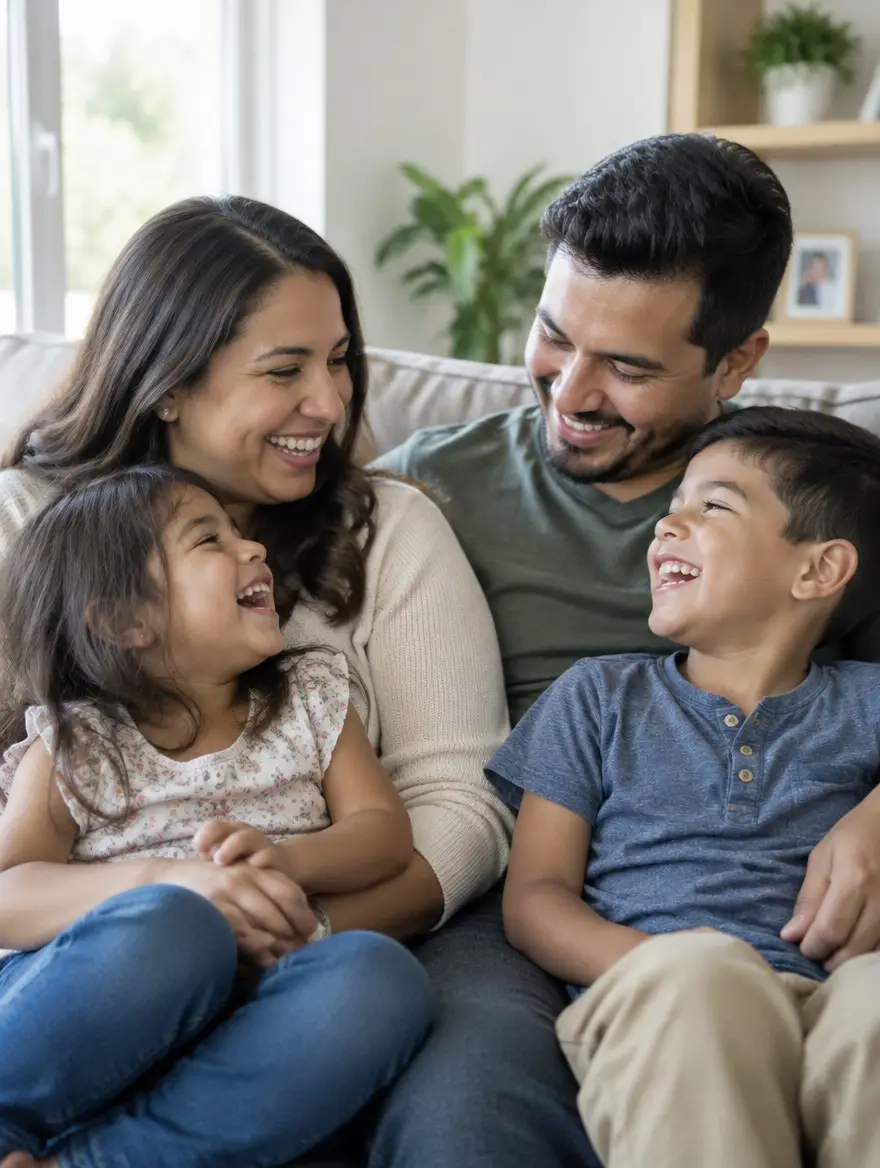 A mother, a father and their two children laugh together on the sofa