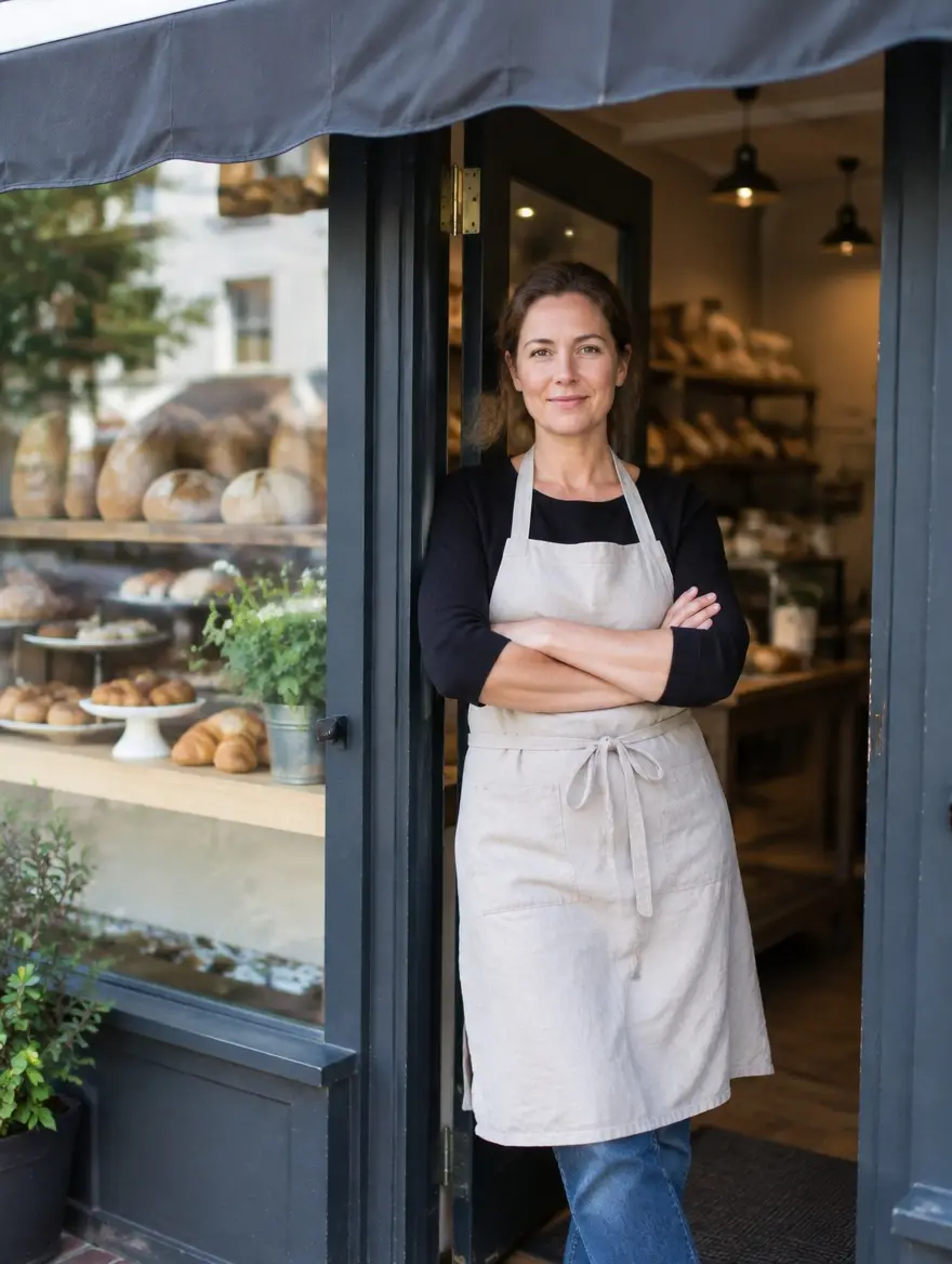 The owner of a small bakery stands in the doorway of her shop with her arms crossed