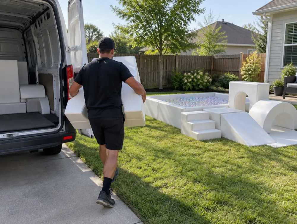 A rental worker carries white soft play blocks from a van to a backyard where the setup is half built