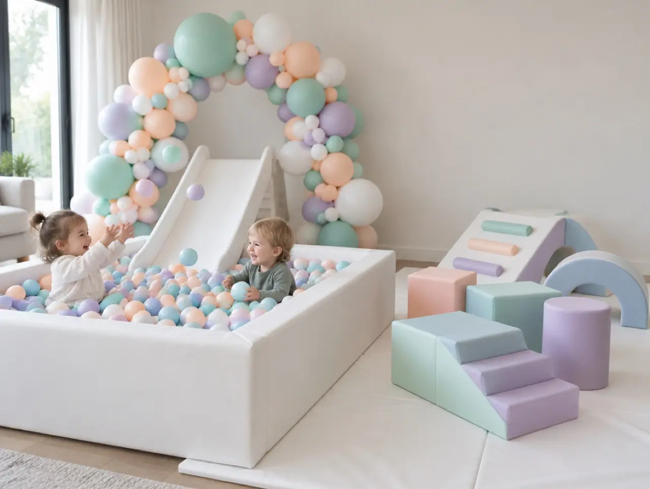A white soft play setup in a bright living room: a ball pit with pastel balls, a slide, pastel foam blocks and a balloon arch in mint, peach, lilac and white, with two toddlers laughing in the ball pit