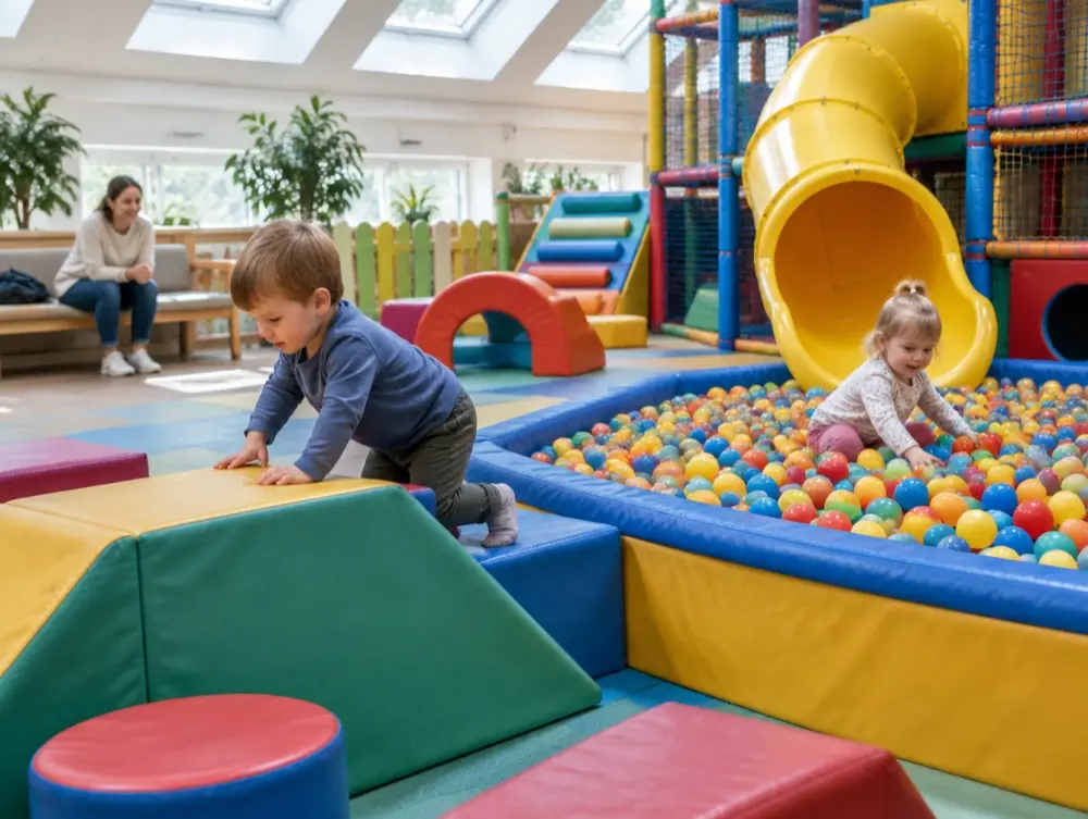 Two toddlers play in a bright indoor playground with soft blocks, a ball pit and a yellow tube slide