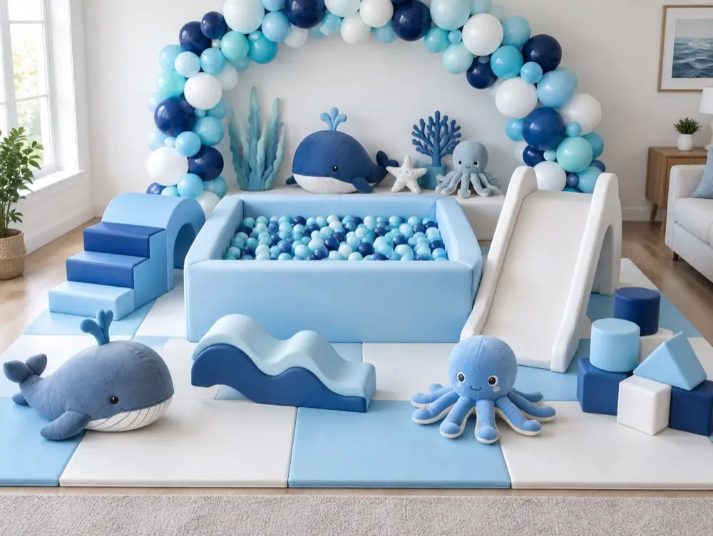 A soft play setup in blues with plush whale and octopus and a blue and white balloon arch