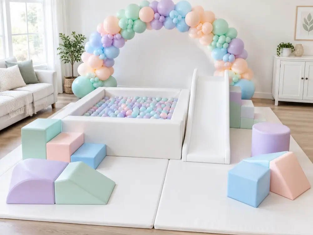 A white soft play setup with pastel balls, pastel blocks and a pastel balloon arch