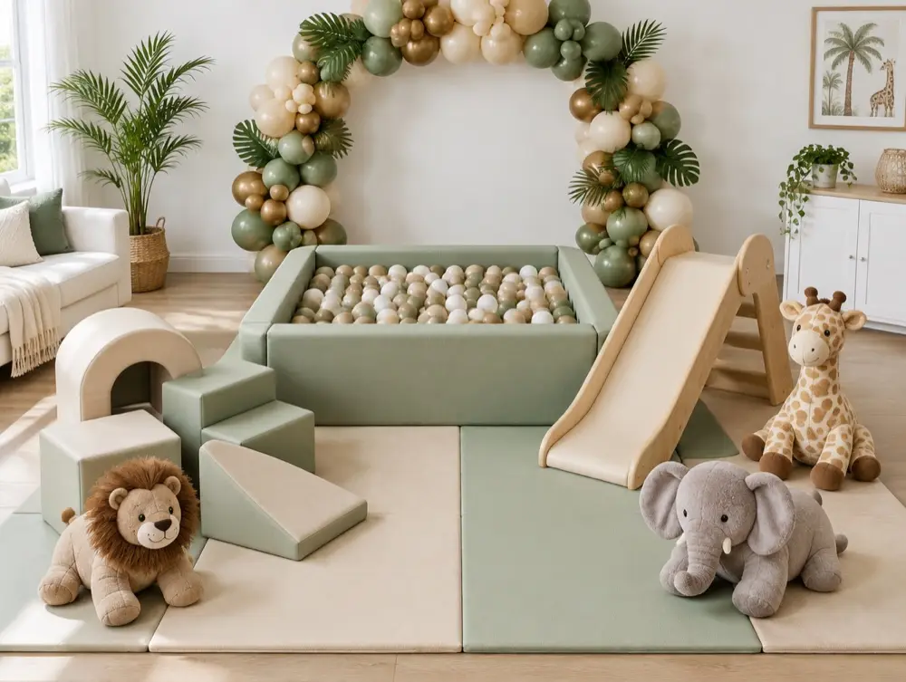 A soft play setup in sage and beige with plush lion, giraffe and elephant and a balloon arch with palm leaves